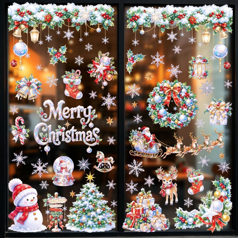 Snowflake Window Decal - 9枚セット クリスマス静電ウィンドウクリング サンタ 雪だるま トナカイ ガラスステッカー