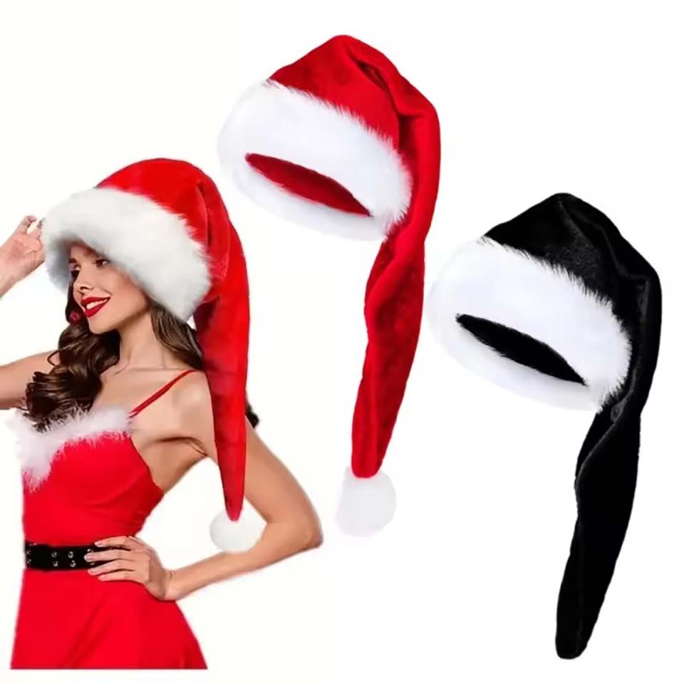Santa Hat Plush - ロングプラッシュクリスマスハット ベルベット製 ふわふわロングタイプラッシュ レッドクリスマスサンタハット 新年祝祭パーティー用品 新年2026