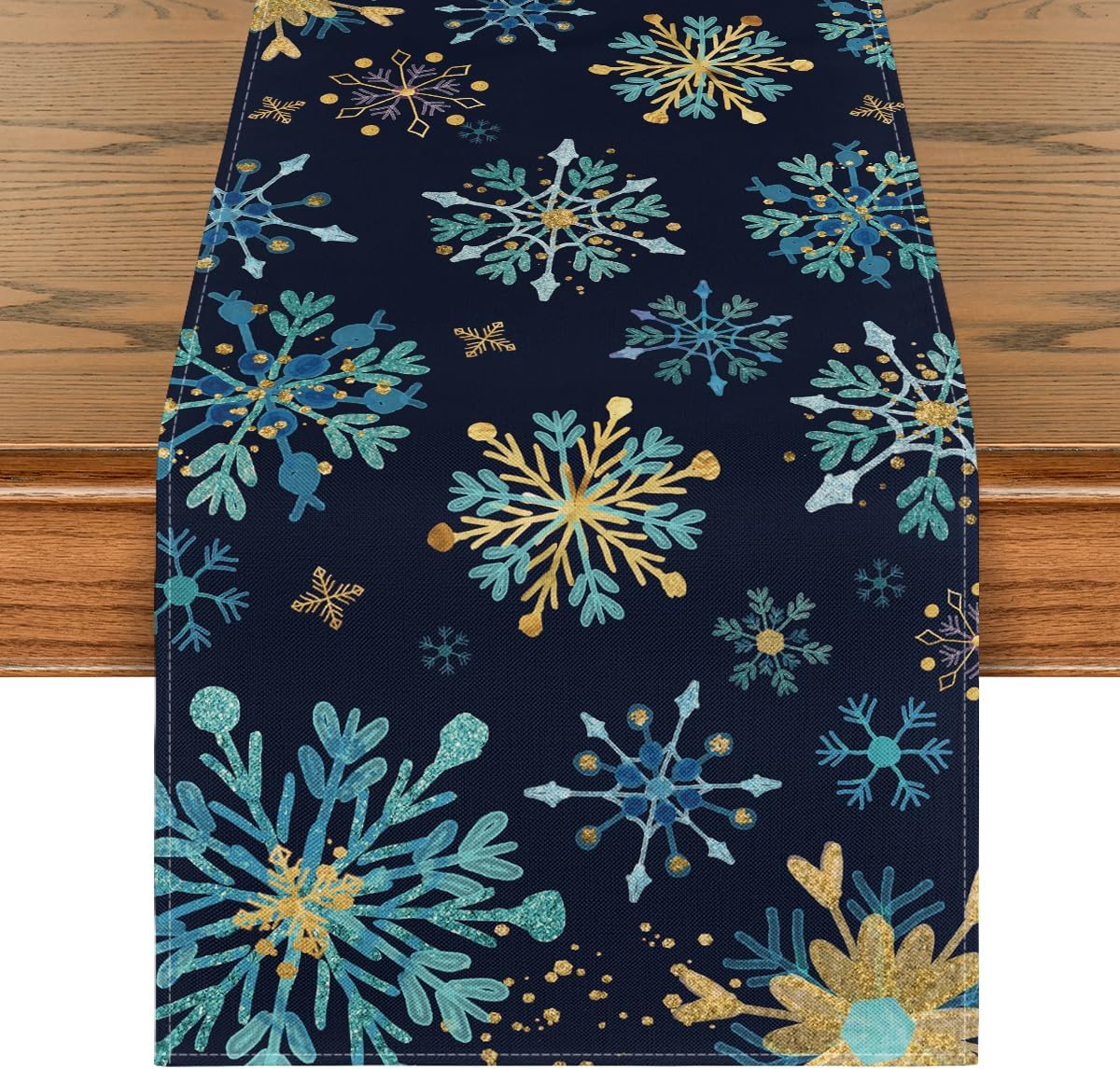 Christmas Table Runner - クリスマス用の洗えるリネンテーブルランナー、青い雪片、六角形、コーヒーパーティーの装飾、キッチン、ダイニングテーブル