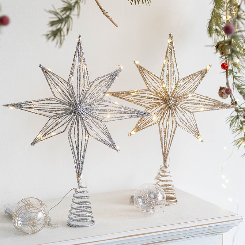Star Tree Topper - クリスマスデコレーション アイアンツリートッパー ライトアップ 五芒星オーナメント 光る星 クリスマスツリー用吊り下げ飾り