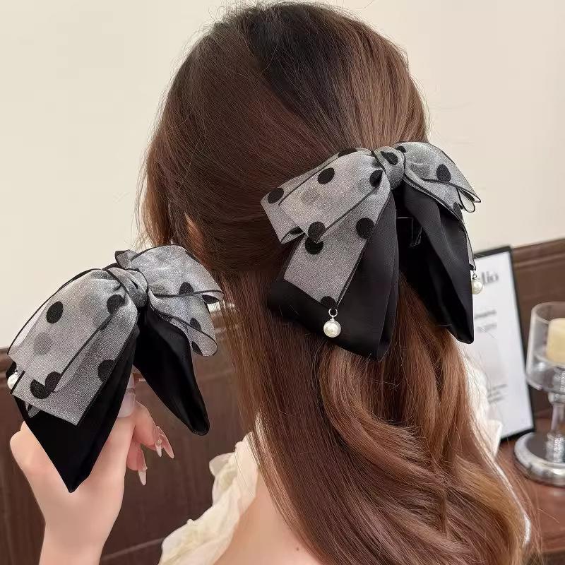 Ribbon Bow Gift - エレガントなグレーの水玉模様のリボンヘアピン女性女の子のためのハイエンド気質ポニーテールヘアクローファッションヘアアクセサリーギフト