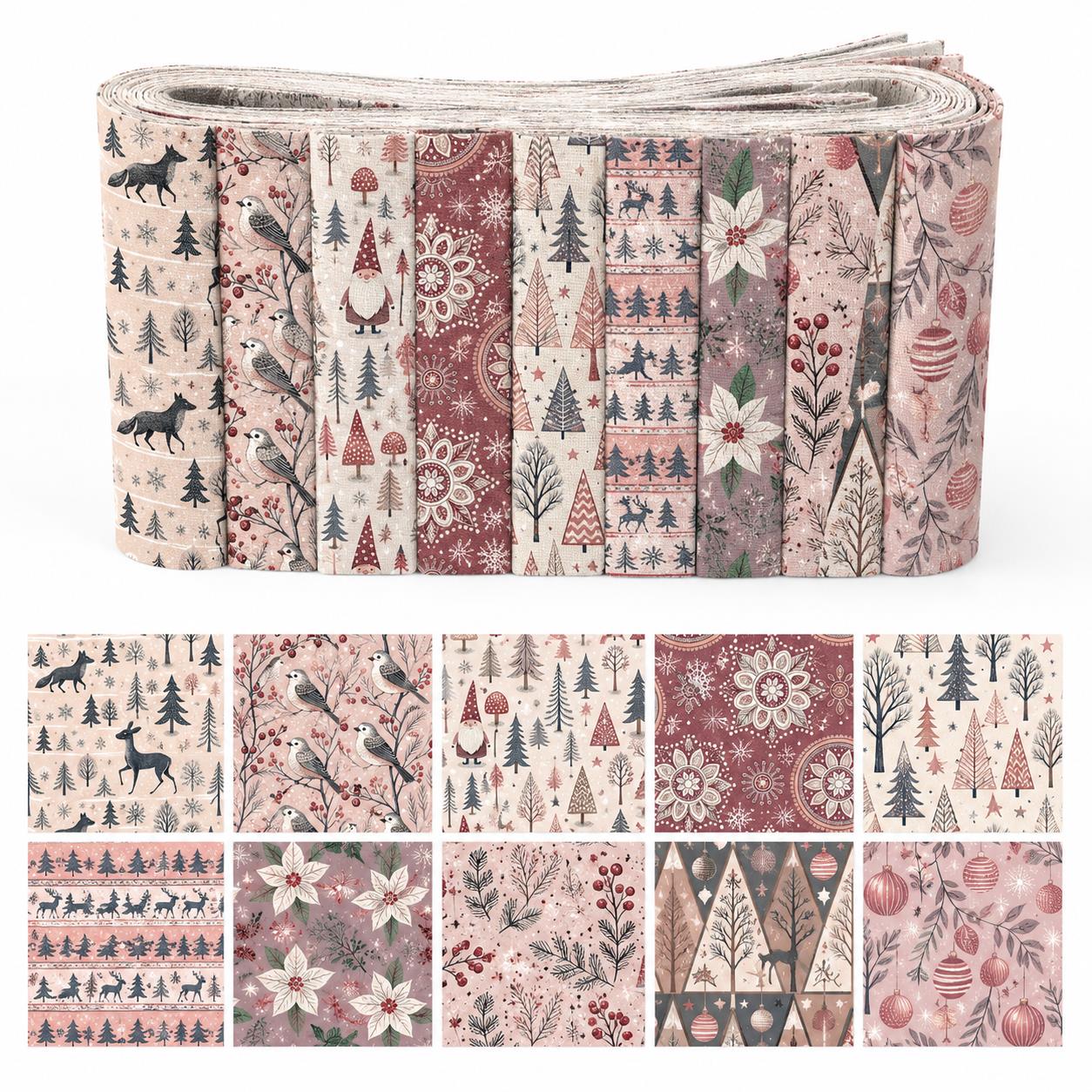 Christmas Table Runner - クリスマス柄のゼリーロール生地ストリップ10枚 2.5X19.7インチ プレカットポリエステル パッチワークキルト テーブルランナー プレースマット用