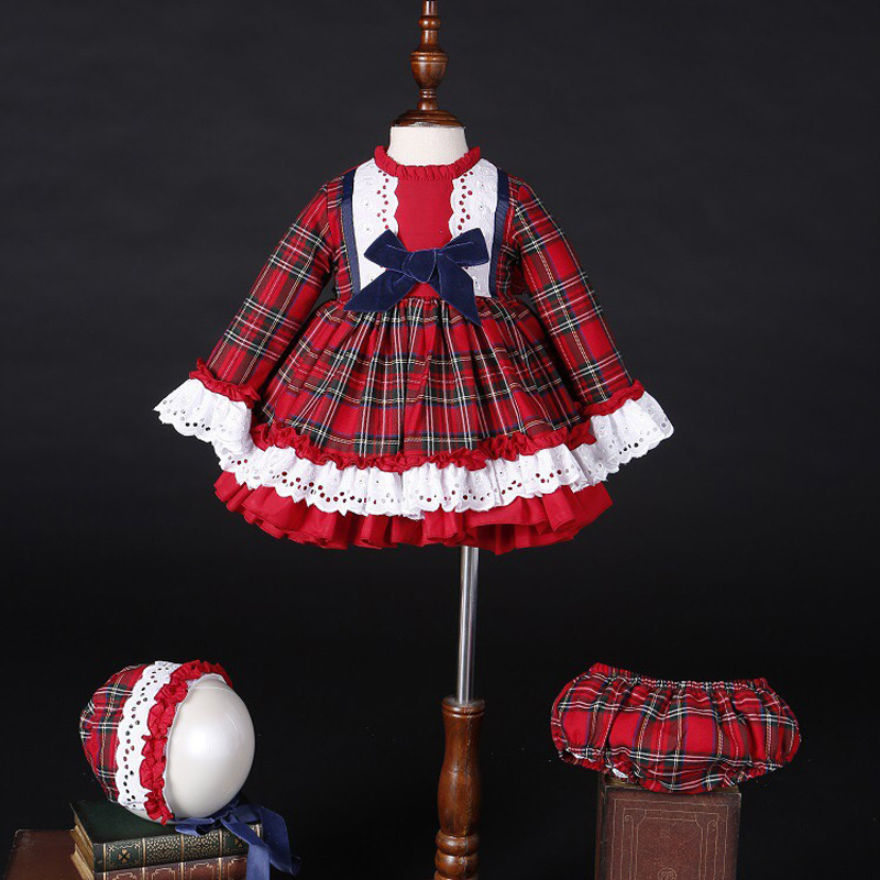 Christmas Throw Blanket - 女の赤ちゃん秋冬クリスマス赤チェック柄ヴィンテージスペインポンポンボールプリンセスドレス綿ロリータパーティー服帽子パンツ C5