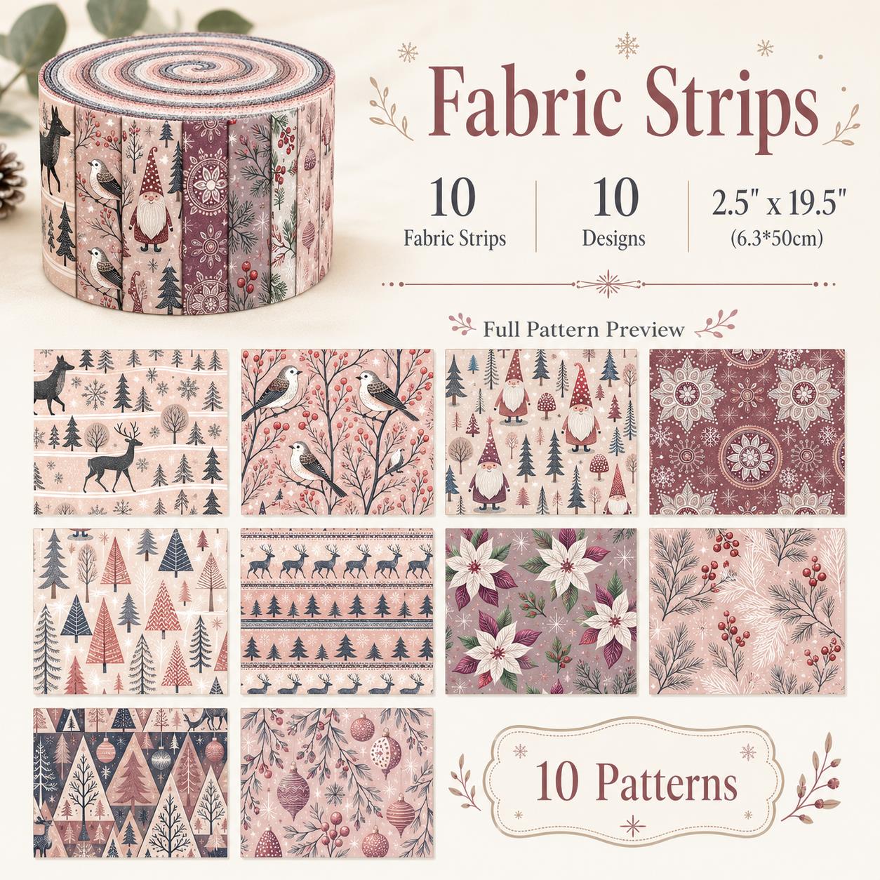 クリスマス柄のゼリーロール生地ストリップ10枚 2.5X19 - Christmas Table Runner のレビューと価格